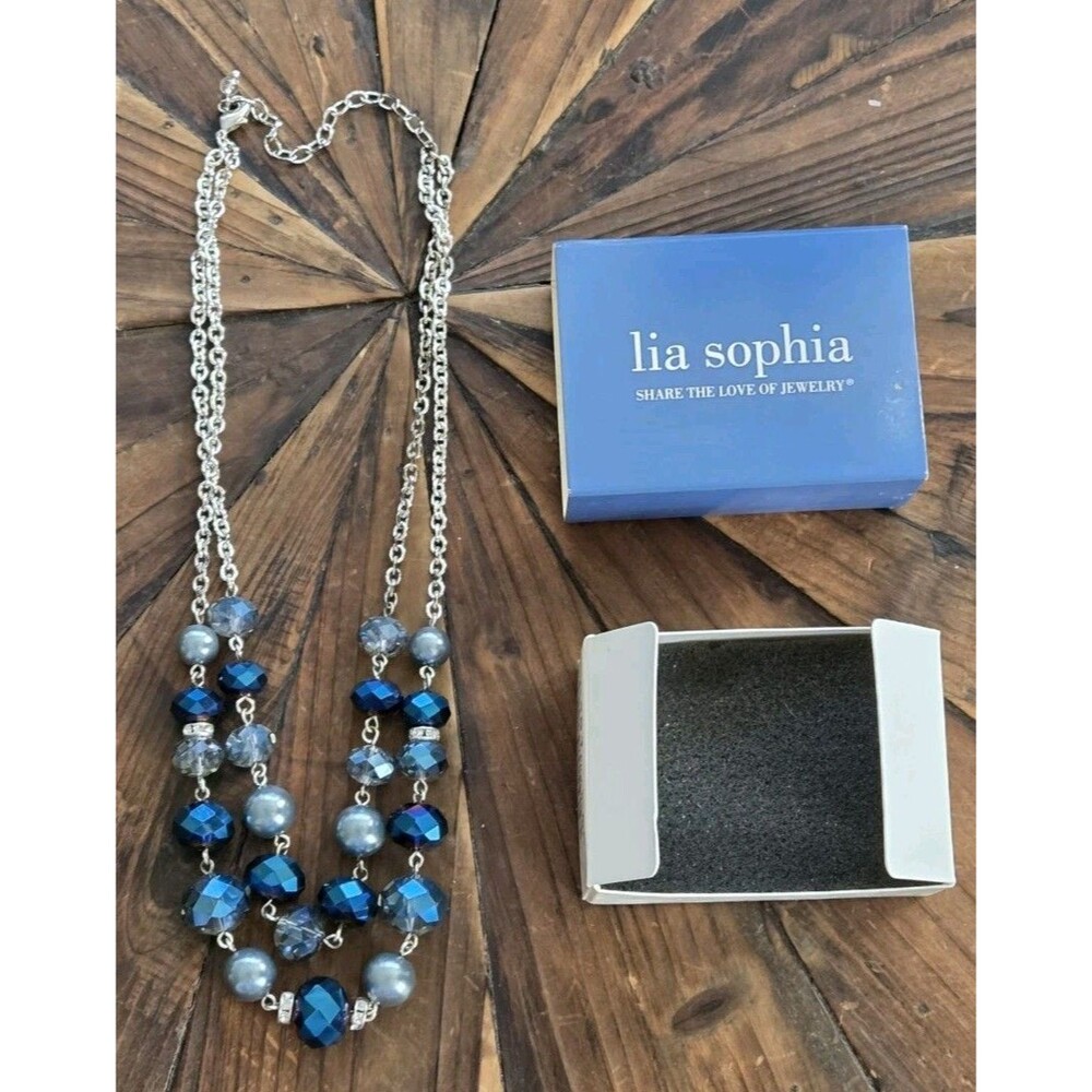 Lia Sophia Blue Crystal Beaded Layered Cable Chain Necklace, Lobster Clasp